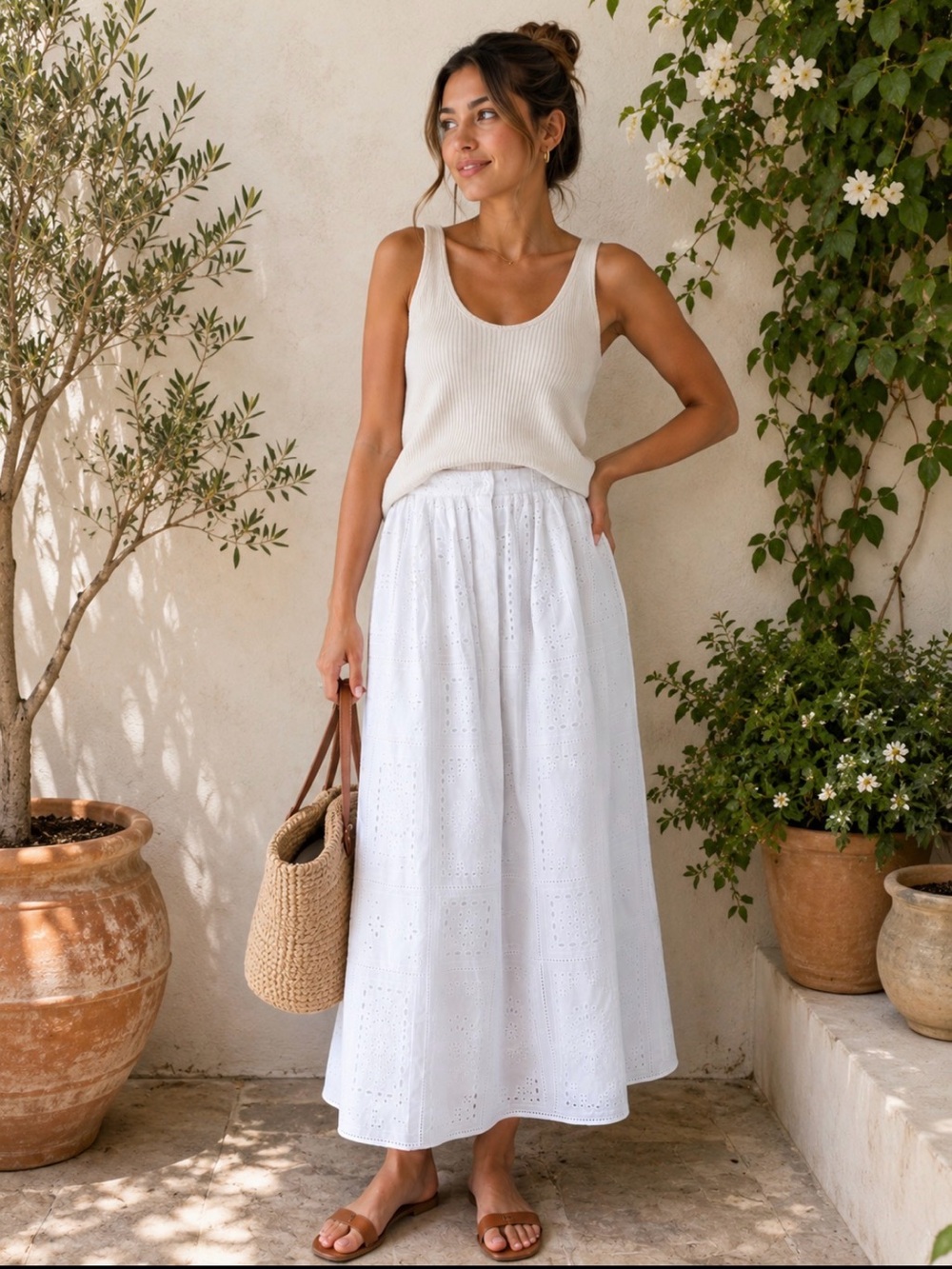 Sezane White Eyelet Maxi Skirt with Gathered Waist